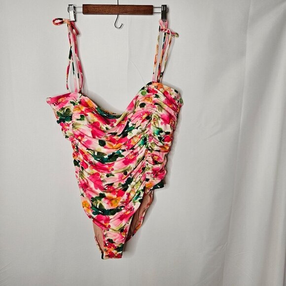 NEW! J. Crew Size 22 Ruched Tie-shoulder One-piece Swimsuit Floral Print Pink - Picture 2 of 11